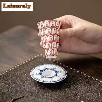 35 мл креативная чашка для чая «Тысяча Будд», белая фарфоровая красная чашка с блюдцем, набор для чая с держателем, персональный чайный сервиз Chazahan
