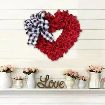 35 см венки на День святого Валентина венок в форме сердца для входной двери из мешковины в форме сердца с клетчатыми бантами для улицы, дома, свадьбы, гирлянды для домашнего декора красный
