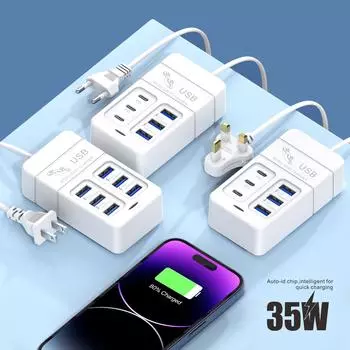 35W Multiport USB Charger PD Type C Fast Charging EU US Plug Wall Charger USB Hub Adapter 6 Ports USB Quick Mobile Phone Charger US 3USB3PD