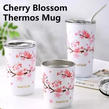 360/560ml Thermos Mug Leak-Proof Travel Ins Cherry Blossom Style Stainless Steel Double Wall Heat Resistant Tea Water Coffee Cup 401-500ml