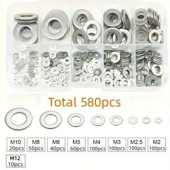 360/580pcs 304 Stainless Steel Flat Washers Set, Perfect For Home Decor, Factory Repair, Kitchens, Shops & More 360Pcs белый