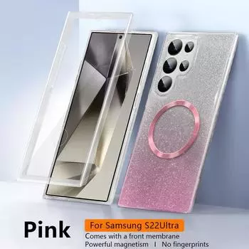 360 All-Inclusive Clear Glitter Case для Samsung S24 FE S23 Ultra S22 Plus S21 для Magsafe Полная защита Ударопрочный прозрачный магнитный чехол для телефона Samsung S24 FE розовый