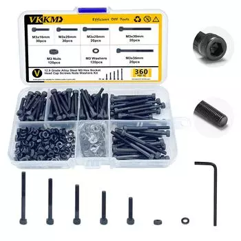 360 черных винтов с шестигранной цилиндрической головкой, метрических винтов с гайкой и шайбой в комплекте