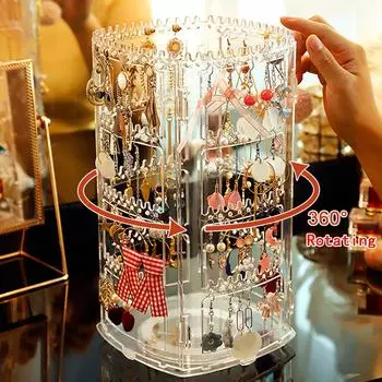 360 Degree Rotating Jewelry Storage Box 2024 Earring Display Stand Plastic Earring Organizer Holder Showcase Jewelry Makeup Case чёрный