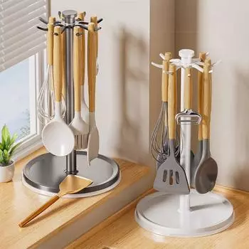 360 Degree Rotating Kitchen Utensils Stand 8 Hooks Cooking Utensils Hanger Shovels