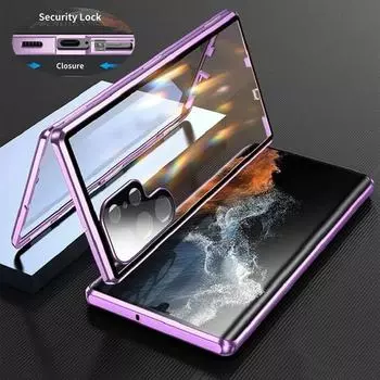 360 Двусторонний стеклянный магнитный металлический чехол для Samsung Galaxy S25 S24 S23 FE S22 S21 Ultra Plus Полная защита объектива Защелкивающаяся крышка For Samsung S23 Ultra чёрный