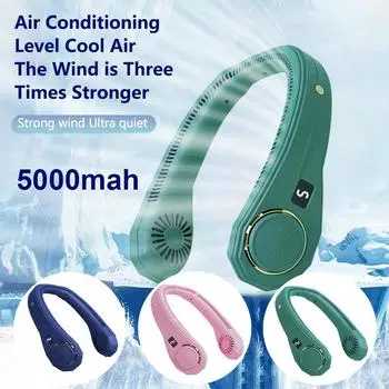 360-градусный подвесной шейный вентилятор с холодным ветром Безлопастные вентиляторы Охладитель воздуха Носимый перезаряжаемый кондиционер для спортивного бега синий