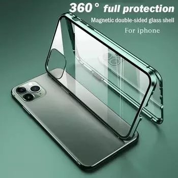 360 Металлический Магнитный Чехол Для Телефона iPhone 16 15 14 13 12 11 Pro Max Plus 16Pro 15 Pro Двусторонний Стеклянный Противоударный Бампер Чехол For iPhone 16 Pro Max чёрный