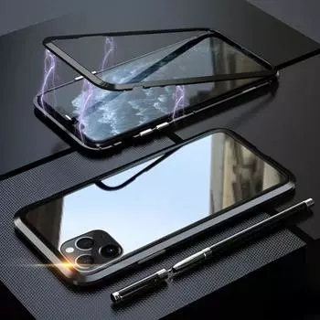 360 Металлический Магнитный Чехол Для Телефона iPhone 16 15 14 13 12 11 Pro Max Plus 16Pro 15 Pro Двусторонний Стеклянный Противоударный Бампер Чехол For iPhone 16 Pro Max чёрный