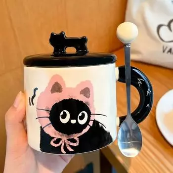 360 мл милая керамическая кружка с котом, ложкой и крышкой, креативная ручная роспись, чашка для кофе, чая, молока, завтрака, ручка, хороший подарок 360ml серый