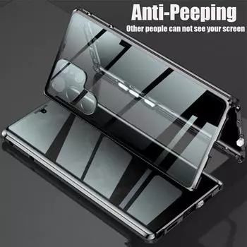 360 Полная Защита Анти-Подглядывание Металлический Магнитный Чехол Для Samsung Galaxy S25 S24 S23 S22 Ultra Plus Двусторонняя Крышка Из Закаленного Стекла For Samsung S24 Ultra чёрный