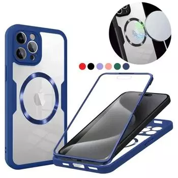360 Полноэкранная защитная пленка Чехол для iPhone 15 14 13 12 Pro Max 15Plus 14 Plus Magsafe Магнитная прозрачная жесткая задняя крышка for iPhone 14Pro Max фиолетовый