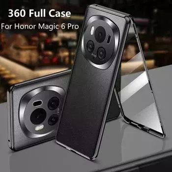 360 Полный закаленный стеклянный кожаный чехол для Honor Magic 6 Pro 5G Двусторонний защитный бампер Ударопрочный защитный чехол Funda Honor Magic 6 Pro чёрный