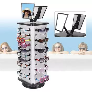 360° Rotating Sunglass Display Rack Metal Glasses Stand Holder 44 Pairs W/ Mirror Retail Sunglass Display Stand Sunglasses Rack серебряный