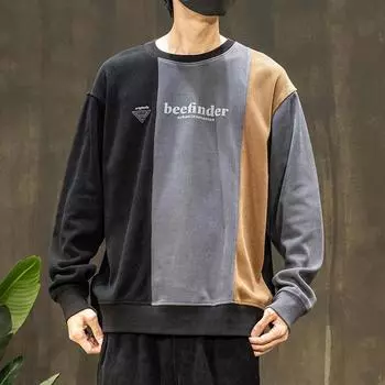 360G Heavy Bar Velvet Knitted Splicing Sweater Men s Autumn Design Sense Loose Large Size Contrast Color Long-Sleeve Men s Clothing M хаки