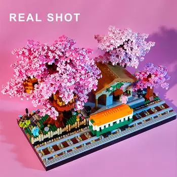 3668 шт., Сакура, дом, дерево, поезда, вокзал, строительные блоки, развеселить цветы, город, вид на улицу, собрать коллекцию кирпичей, игрушки для взрослых