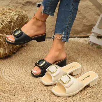 36-40 женские тапочки сандалии на высоком каблуке летняя обувь женские шлепанцы на платформе открытый носок пряжка пляжные шлепанцы нескользящие шлепанцы 36 абрикосовый