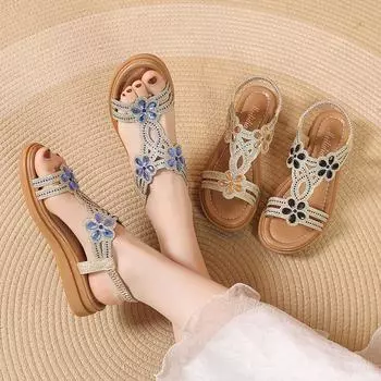 36--41 размер сандалии женские летние новые нескользящие туфли на плоской подошве танкетка мягкая подошва удобные стразы средний каблук женские туфли 36 чёрный