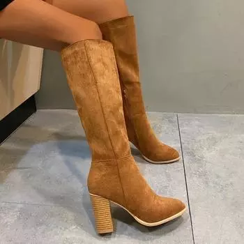 36-43 Large Size Women Shoes 2024 Winter Fashionable Round Toe High Heel Women s Boots Comfortable Square Heel Yellow High Boots 36 чёрный