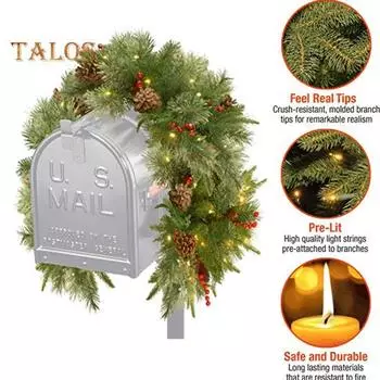 36-дюймовая светящаяся гирлянда для почтового ящика с функцией таймера, искусственная шишка, красные ягоды, гирлянда для почтового ящика, имитация сосновых иголок, рождественская гирлянда для входной двери зелёный