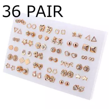 36 пар модных золотых, серебряных цветных пластиковых сережек-гвоздиков с аллергией, набор серег-гвоздиков с геометрическим животным и горным хрусталем, ювелирные изделия для девочек 1set золотой