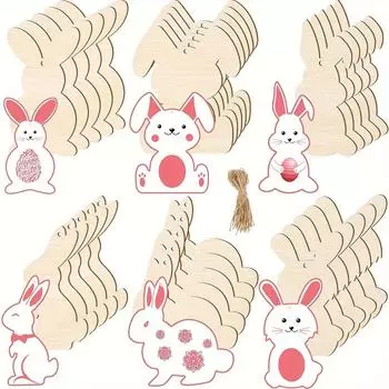 36 шт. пасхальный деревянный кролик клипарт пустые кусочки в форме кролика подвесные декоративные этикетки для поделок украшения для поделок своими руками с отверстием веревка пасхальные 36pcs