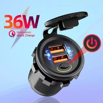 36 Вт Быстрое зарядное устройство Qc3.0 Dual Usb Автомобильное зарядное устройство с кнопкой переключения Светодиодный дисплей напряжения для мотоцикла Лодка Rv Atv чёрный