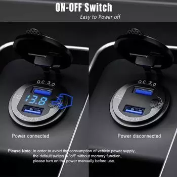 36W Dual USB Charger Socket Waterproof Fast Charge Adapter 12V/24V QC3.0 Power Outlet with Switch for Car Marine Motorcycle RV