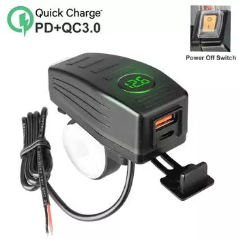 36W Motorcycle USB Charger QC3.0 PD Handlebar Fast Charging Waterproof 12V/24V Socket Adapter Voltmeter Motorcycle Accessories