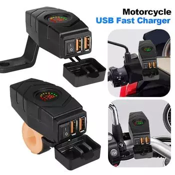 36W QC3.0 E-bike Handlebar USB Charger with Switch Dual USB Fast Charging Adapter Waterproof Cover 20-90V Motorcycle Accessories