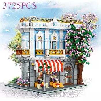 3725PCS Sakura Restaurant Building Blocks City Streetview MOC Model Bricks With Light Desktop Decoration Kids Toys Holiday Gifts No Box