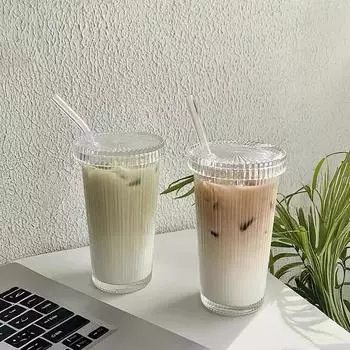 375 мл полосатая стеклянная кружка с крышкой и соломинкой в японском стиле шикарные кружки для молока кофе посуда для чая подарки на день рождения стаканы для виски as the picture