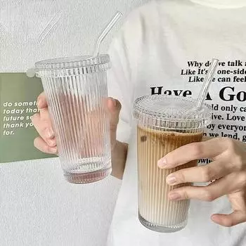 375 мл полосатая стеклянная кружка с крышкой и соломинкой в японском стиле шикарные кружки для молока кофе посуда для напитков чай подарки на день рождения виски стаканы Transparent