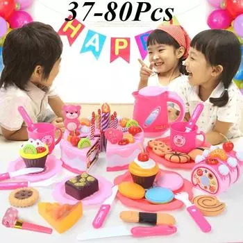 37-80 шт. DIY ролевые игры нарезка фруктов на день рождения торт кухня еда игрушки игрушка розовый синий подарок для девочек 37Pcs розовый