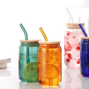 380 мл 1 шт. цветная пивная банка в форме стеклянной жаропрочной прозрачной кофейной кружки с бамбуковой крышкой и стеклянной трубочкой 380ml синий