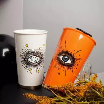 380 мл белые двухслойные художественные керамические чашки и кружки с глазами и крышкой кофейная кружка 380ml оранжевый