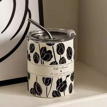 380 мл термос кофейная чашка двухслойная нержавеющая сталь чайная кофейная кружка тюльпан термокружка для девочек бутылка для воды стакан с трубочкой 380ml