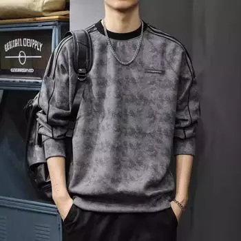 380G Плотный дизайн Полосатый свитер на плечах Мужская осенняя американская модная брендовая футболка с круглым вырезом и длинными рукавами S коричневый