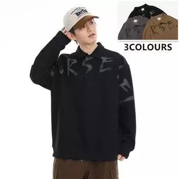 380G Тяжелый свитер Мужская осенняя модная брендовая свободная куртка с лацканами и буквенным принтом Поло с длинным рукавом M темно серый