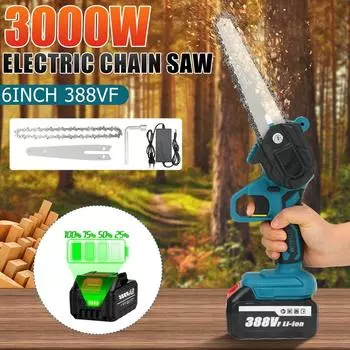 388V 3000W 6 Inch Mini Electric Chain Saw With 2Pcs Battery Woodworking Pruning Chainsaw One-handed Garden Logging Power 1*Battery