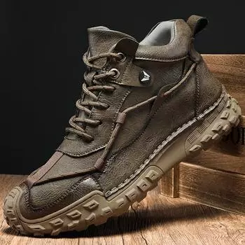 38-46 Модные зимние ботинки для мужчин, плюшевые кожаные ботинки с ручным швом, высокие походные ботинки, нескользящие, теплые, мужские ботинки, большие 38 чёрный