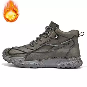 38-46 Модные зимние ботинки для мужчин, плюшевые кожаные ботинки с ручным швом, высокие походные ботинки, нескользящие, теплые, мужские ботинки, большие 38 серый
