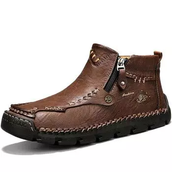 38-48 Men’s Boots High Top Leather Shoes Plush Outdoor Cotton Shoes Large Size Autumn/winter Plus Velvet Warm Handmade Ankle Boots 38 чёрный