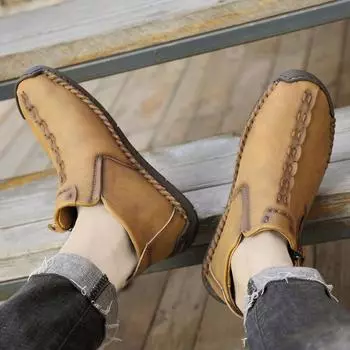 38-48 Мужские высокие повседневные кожаные туфли ручной работы в стиле ретро из натуральной кожи, обувь большого размера для вождения автомобиля, ботильоны 38 чёрный