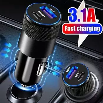 38 Вт Мини Портативное Автомобильное Зарядное Устройство DC12-24V Двухпортовое Автомобильное Зарядное Устройство USB3.1A+Type-C Быстрая Зарядка Со Светодиодным Полупрозрачным Дисплеем