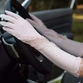 38cm Mid Length Long Length Sun Protection Gloves Pure Cotton Oblique Lace UV Protection Non Slip Touch Screen Thin Oblique Lace 38cm light powder All yards