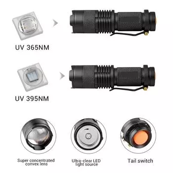 395 нм 365 нм светодиодный УФ-фонарик ультрафиолетовый фонарик масштабируемый мини-УФ-светильник Linterna детектор пятен мочи домашних животных охота на скорпионов 365nm