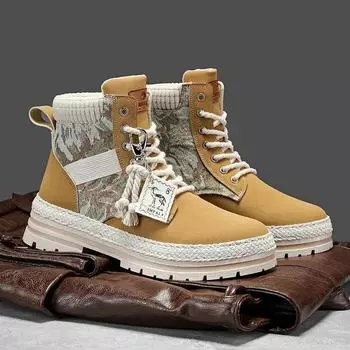 39-44 autumn winter New plush warm thick bottom leather print men shoes retro design outdoor high top hiking sneakers snow boots 39 бежевый