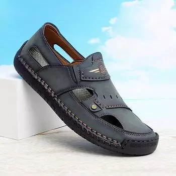 39-48 Летние мужские кожаные пляжные сандалии ручной работы Мужские сандалии с закрытым носком Сандалии большого размера 39 чёрный