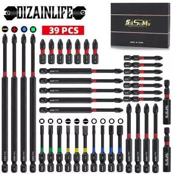 39pcs Screwdriver Bit Set PH2 1/4 Inch Hex Impact Bit Set Non-Slip Screw Driver Hand Tools Magnetic Batch Head Impact Driver Bit